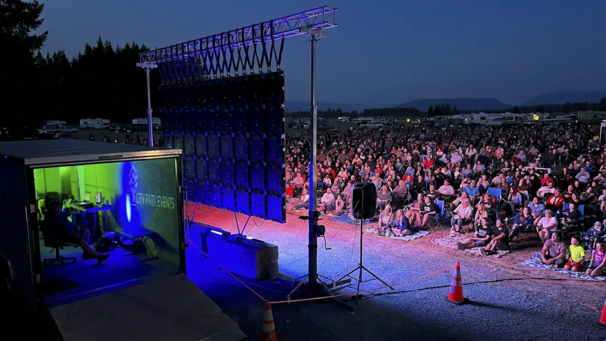 A night show in Arlington seen from our production booth, with a big crowd in front of the video wall
